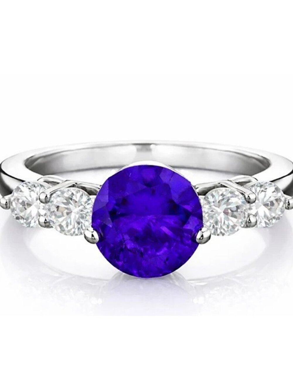 Sterling Silver Purple Cubic Zirconia Solitaire Ring with Side Stones